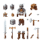 create a tileset for a fantasy rpg game for mobile. this tileset has various equipment, including helmets, armor, pants, boots, rings, weapons: swords, clubs and axes. transparent background, in svg o