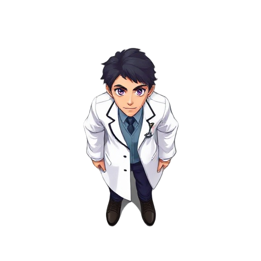 male, adult, black hair, purple eyes, handson, doctor