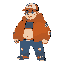 estilo pokemon treinador retro, com uma paleta de cores quentes, usando laranja e vermelho, um cara calvo com capa que deve ter 32 anos, barrigudo