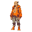 estilo pokemon treinador retro, com uma paleta de cores quentes, usando laranja e vermelho, um cara calvo com capa que deve ter 32 anos e alto