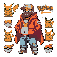 estilo pokemon treinador retro, com uma paleta de cores quentes, usando laranja e vermelho, um cara calvo com capa que deve ter 32 anos, barrigudo