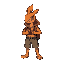 treinador pokemon retro, com uma paleta de cores quentes, usando laranja e vermelho, um cara calvo, com uma capa de fogo, barrigudo, alto