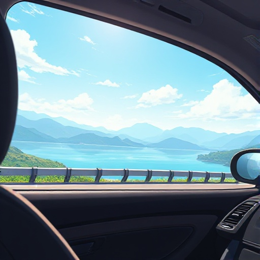 view from inside a car window, with stylized car interior (seat, door panel) in foreground. outside, a picturesque anime landscape: distant mountains, a tranquil blue lake, and a bright sky. a simple barrier along the roadside. bright daylight, cinematic,