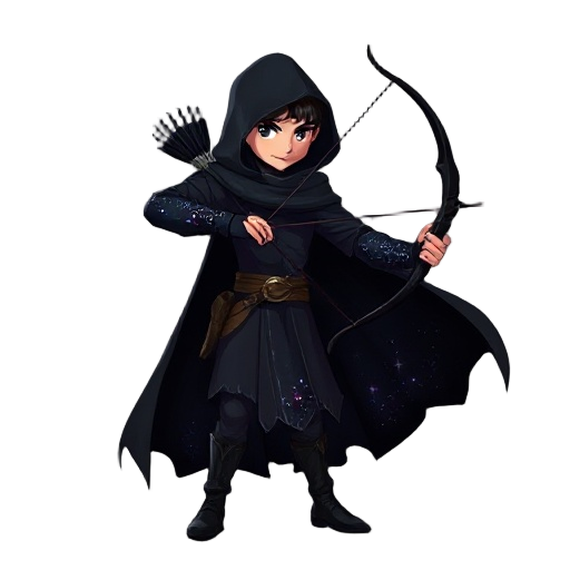 a human archer in a dark fantasy setting. he wears a dark cloak and his left arm is transformed into pure living shadow—a darkness as dense as night, dotted with stars, as if containing a fragment of the cosmos. his bow, made of the same dark and ethereal