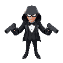 generate a stealthy spy character, who wields two glock style pistols with silencers, the character should be wearing a tuxedo