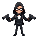 generate a stealthy spy character, who wields two glock style pistols equipped with silencers, the character should be wearing a tuxedo, they have long dark hair and are not wearing a hood