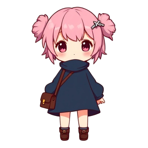 create a little "chibi" style girl with a light skin and messy short pink hair, two big fluffy side tufts, and a small silver x-shaped hair clip she carries a small dark brown shoulder bag with a yellow buckle on the left side. she wears an oversized dark