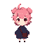 create a little "chibi" style girl with a light skin and messy short pink hair, two big fluffy side tufts, and a small silver x-shaped hair clip she carries a small dark brown shoulder bag with a yellow buckle on the left side. she wears an oversized dark