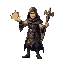 a powerful 2d mage character standing in a dynamic pose, casting a glowing spell with one hand while holding an ornate staff in the other. the mage wears a flowing, hooded robe adorned with intricate