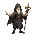 a powerful 2d mage character standing in a dynamic pose, casting a glowing spell with one hand while holding an ornate staff in the other. the mage wears a flowing, hooded robe adorned with intricate 
