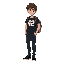 young male character with short messy brown hair, wearing a black t-shirt with the number '42' in white at the center (logo of 42 school), dark blue jeans, black sneakers, and a gray backpack.
