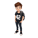 young male character with short messy brown hair, wearing a black t-shirt with the number '42' in white at the center (logo of 42 school), dark blue jeans, black sneakers, and a gray backpack.