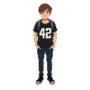 young male character with short messy brown hair, wearing a black t-shirt with the number '42' in white at the center (logo of 42 school), dark blue jeans, black sneakers, and a gray backpack.