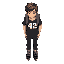 young male character with short messy brown hair, wearing a black t-shirt with the number '42' in white at the center (logo of 42 school), dark blue jeans, black sneakers, and a gray backpack.