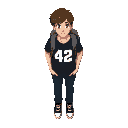 young male character with short messy brown hair, wearing a black t-shirt with the number '42' in white at the center (logo of 42 school), dark blue jeans, black sneakers, and a gray backpack.