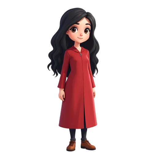 a girl in a red long dress with black pants and a brown shoes, black long wavy hair, dark brown eyes, rpg maker character style, all dimensions