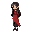a girl in a red long dress with black pants and a brown shoes, black long wavy hair, dark brown eyes, rpg maker character style, all dimensions