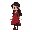 a girl in a red long dress with black pants and a brown shoes, black long wavy hair, dark brown eyes