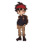  he has messy dark brown hair, a red headband, a dark blue long-sleeve shirt, light brown pants, and a brown backpack. he is tall