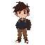  he has messy dark brown hair, a red headband, a dark blue long-sleeve shirt, light brown pants, and a brown backpack. 