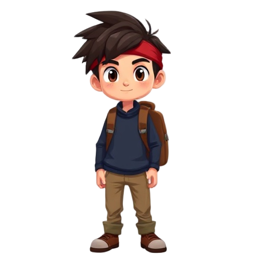  he has messy dark brown hair, a red headband, a dark blue long-sleeve shirt, light brown pants, and a brown backpack. 