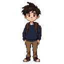  he has messy dark brown hair,a dark blue long-sleeve shirt, light brown pants, and a brown backpack. he is tall