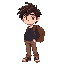  he has messy dark brown hair,a dark blue long-sleeve shirt, light brown pants, and a brown backpack. he is tall