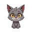 a grey cat, slightly looking to the left, with yellow eyes and a little smile. only showing its head