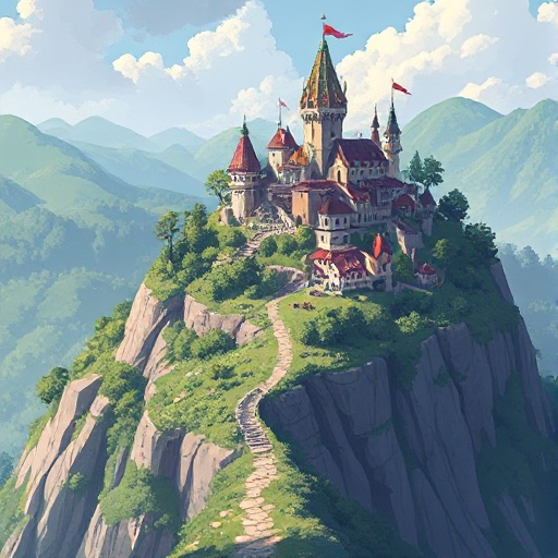 visão de cima de uma floresta no canto superior da tela e uma vila medieval no canto inferior da tela e um caminho no centro ligando os dois