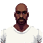 a bald black character with a big  mustache, he is a boxe figther he wears a formal t-shirt, he is around 40 years old