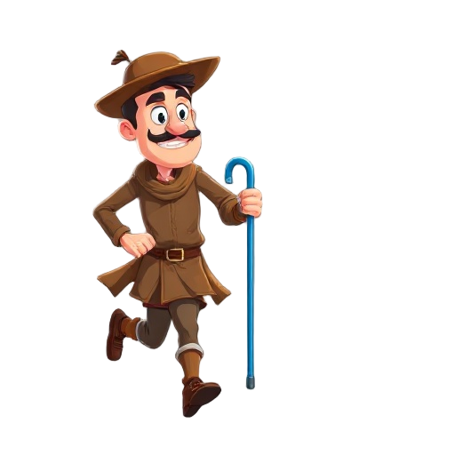 a man dressed in brown with a blue cane running