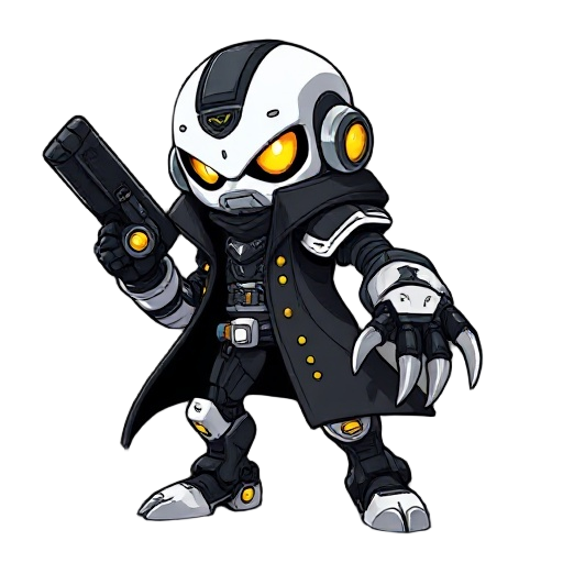 serial designation n from murder drones: white face, yellow eyes, black coat, arm cannon, claws. dynamic pose, cybernetic details, glowing accents, sci-fi background.