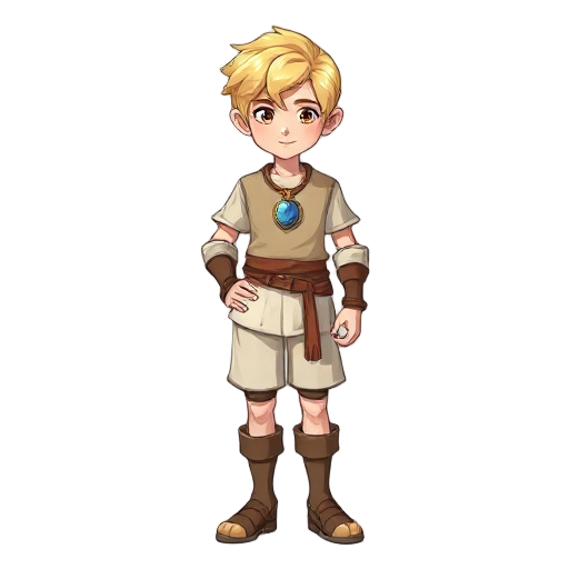 yong character whit blonde hair, white short and brown pants, he have a colar whit a gem. the game is medieval, so make the clothes whit this style