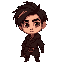 a young medieval fantasy man for a game, heroic bearing, dark layered clothing and belts, tousled dark brown hair with lighter streaks, light expressive eyes, confident expression, muted tones of a dark, moody world.