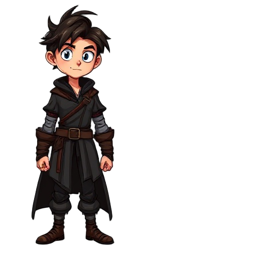  a tall young medieval fantasy man for a game, heroic, dark layered clothes and belts, tousled dark brown hair with lighter streaks, light expressive eyes, confident, muted dark fantasy colors, for 64 by 64 pixel frames.