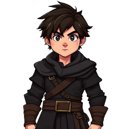 aquí tienes una versión clara y concisa, menos de 300 caracteres:  a tall young medieval fantasy man for a game, heroic, dark layered clothes and belts, tousled dark brown hair with lighter streaks, light expressive eyes, confident, muted dark fantasy col
