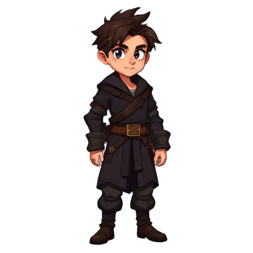 aquí tienes una versión clara y concisa, menos de 300 caracteres:  a tall young medieval fantasy man for a game, heroic, dark layered clothes and belts, tousled dark brown hair with lighter streaks, light expressive eyes, confident, muted dark fantasy col
