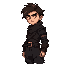  a tall young medieval fantasy man for a game, heroic, dark layered clothes and belts, tousled dark brown hair with lighter streaks, light expressive eyes, confident, muted dark fantasy colors, for 64 by 64 pixel frames.