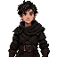 young medieval fantasy man with heroic bearing, dark layered clothing and belts, tousled dark brown hair with lighter streaks, light expressive eyes, confident expression, muted colors of a dark and moody world.