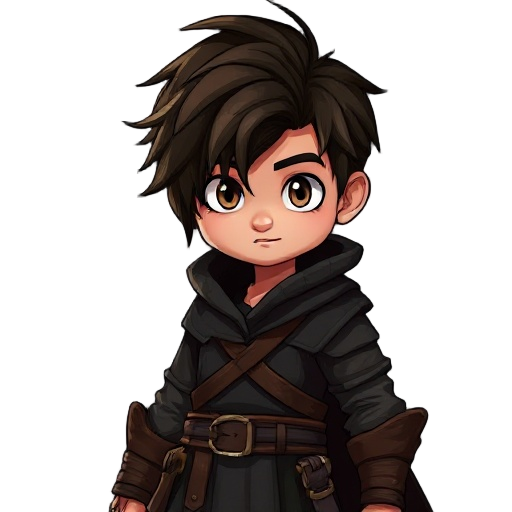 young medieval fantasy man with heroic bearing, dark layered clothing and belts, tousled dark brown hair with lighter streaks, light expressive eyes, confident expression, muted colors of a dark and moody world.