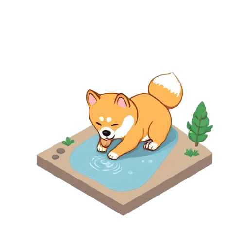 shiba inu isometric drinking water on lake, ghibli, stylize, cute, pixel 16-bit style