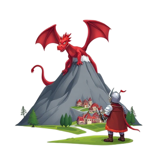 a red dragon sitting on a mountain in the background with a small village at the base of the mountain and a knight in the forground looking out towards the dragon and village