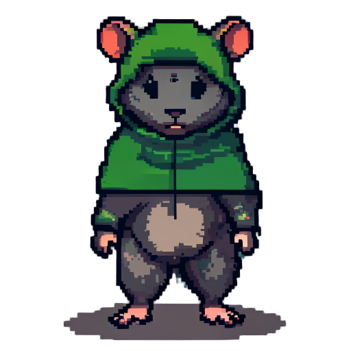 rato, em pixel arte 2d, pra jogo metroidvania, levantado(ou em pé), com uma capa verde escuro que esconde seu corpo, e um capuz abaixado
