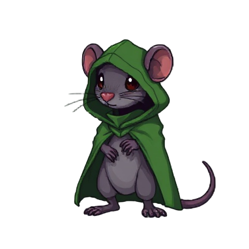 rato, em pixel arte 2d, pra jogo metroidvania, levantado(ou em pé), com uma capa verde escuro que esconde seu corpo, e um capuz abaixado