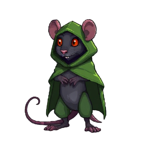 rato, em pixel arte 2d, pra jogo metroidvania, levantado(ou em pé), com uma capa verde escuro que esconde seu corpo, e um capuz abaixado
