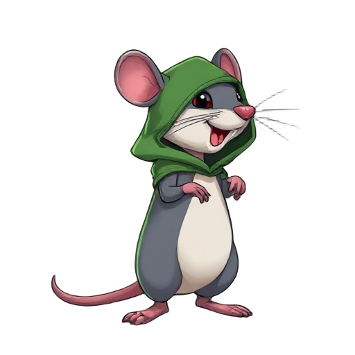 rato, levantado(ou em pé), com uma capa verde escuro que esconde seu corpo, e um capuz abaixado