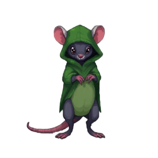rato, em pixel arte 2d, pra jogo metroidvania, levantado(ou em pé), com uma capa verde escuro que esconde seu corpo, e um capuz abaixado