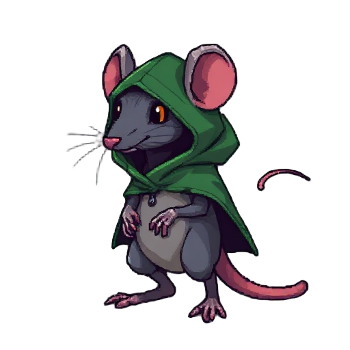 rato, em pixel arte 2d, pra jogo metroidvania, levantado(ou em pé), com uma capa verde escuro que esconde seu corpo, e um capuz abaixado