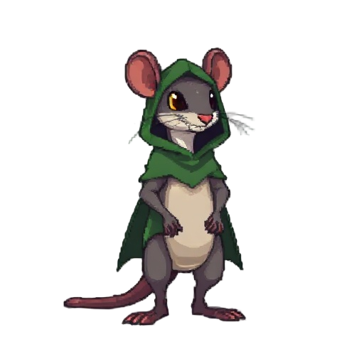 rato, em pixel arte 2d, pra jogo metroidvania, levantado(ou em pé), com uma capa verde escuro que esconde seu corpo, e um capuz abaixado