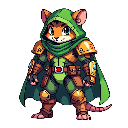 rato, em pixel arte 2d, pra jogo metroidvania, levantado(ou em pé), com uma capa verde escuro que esconde seu corpo, e um capuz abaixado